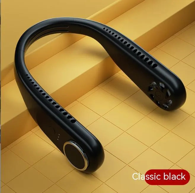 Leafless hanging neck fan with brushless motor in Classic Black, shown worn around a neck with USB cable