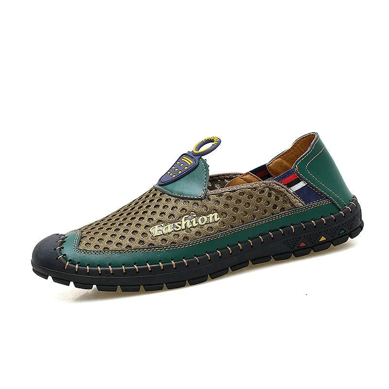 Men's solid-colour casual mesh shoes with a round toe and non-slip rubber sole.