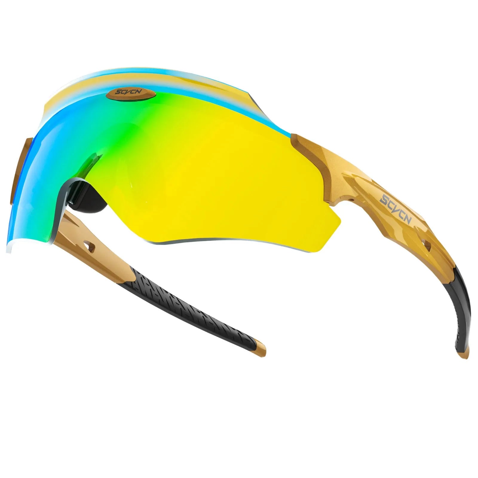 Frameless windproof sports goggles with a colourful integrated lens, shown in multiple style colours.