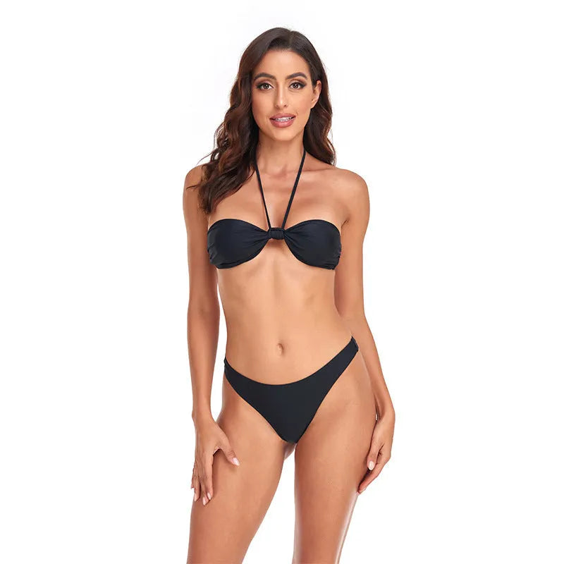 Black polyester women's bikini set with lace-up tube top and briefs