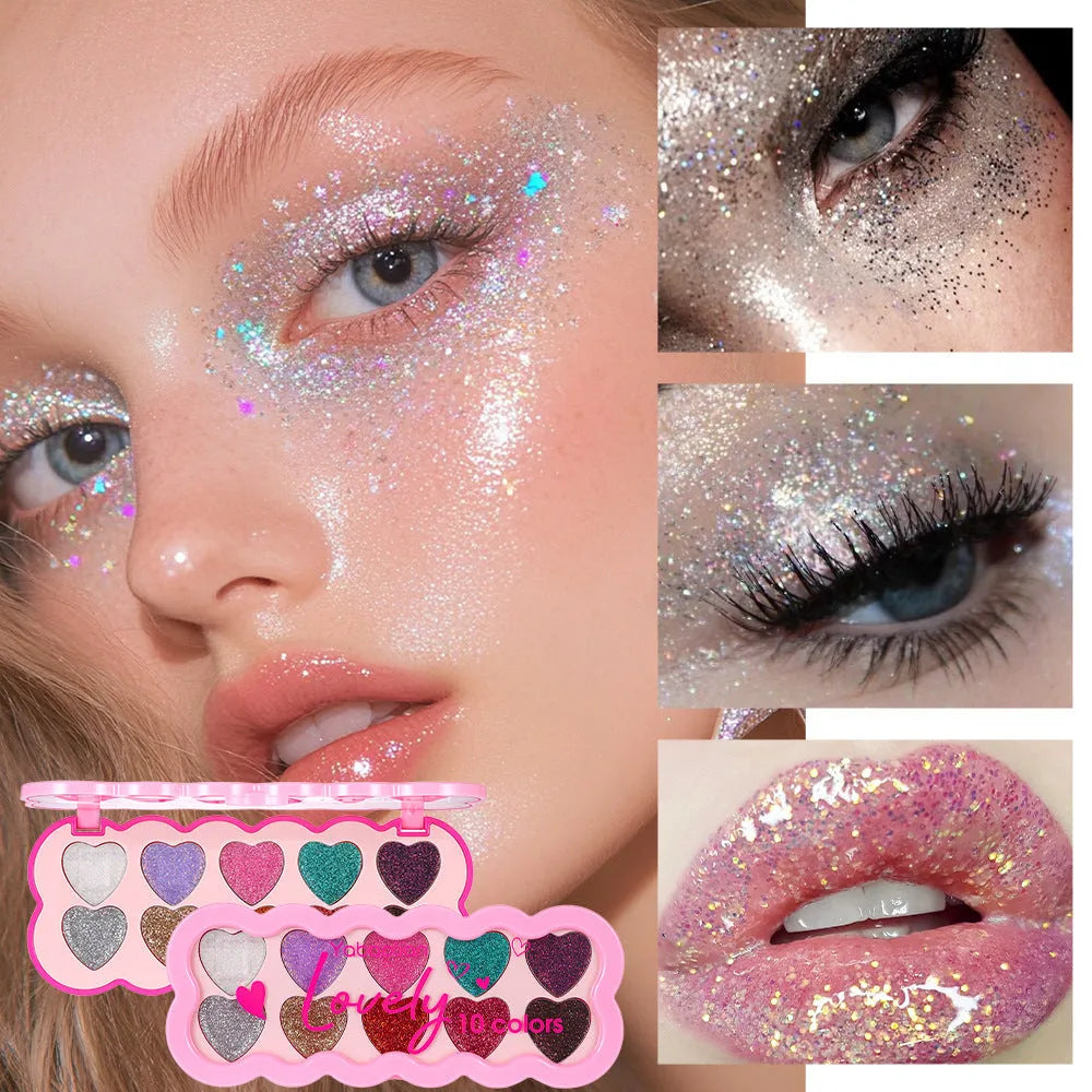 Heart-shaped case open to show ten eyeshadow pans in white, beige, pink, purple, brown, blue, black, royal blue, maroon, and coral.