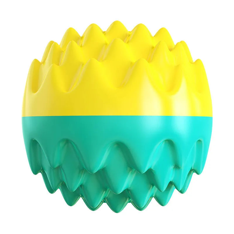 Blue and orange durable rubber squeaky dog ball with texture bumps for dental cleaning.