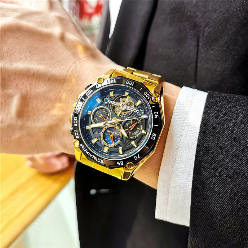Men's automatic mechanical watch with 12mm case in black steel, silver, and gold finish options.