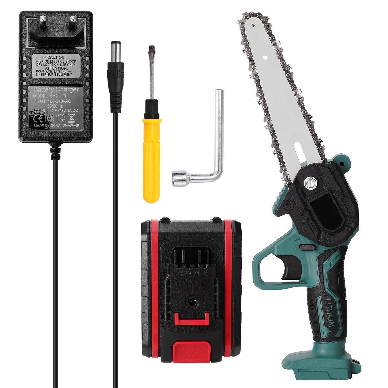 Black mini electric chainsaw with 4-inch chain, lightweight one-hand design on workbench