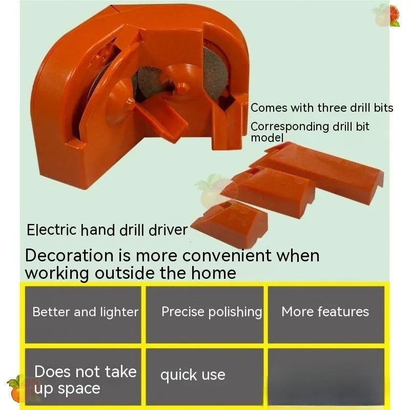 Universal portable grinding drill tool with orange and black sanding wheels attached for irregular surface work