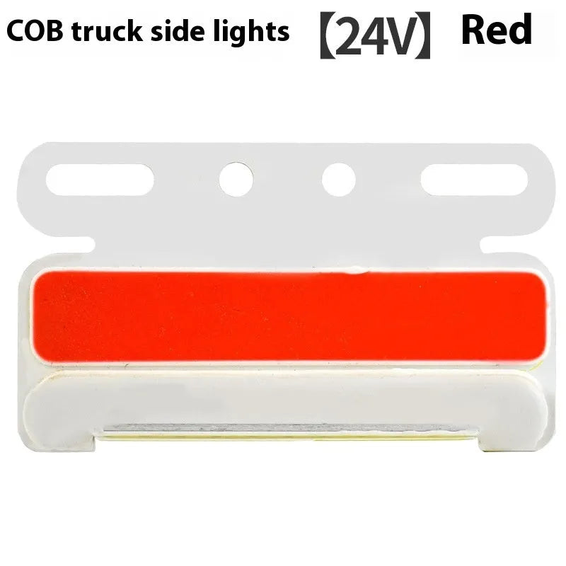 COB LED truck side light with grounded tyre light in aluminium alloy housing, shown in multiple colours.