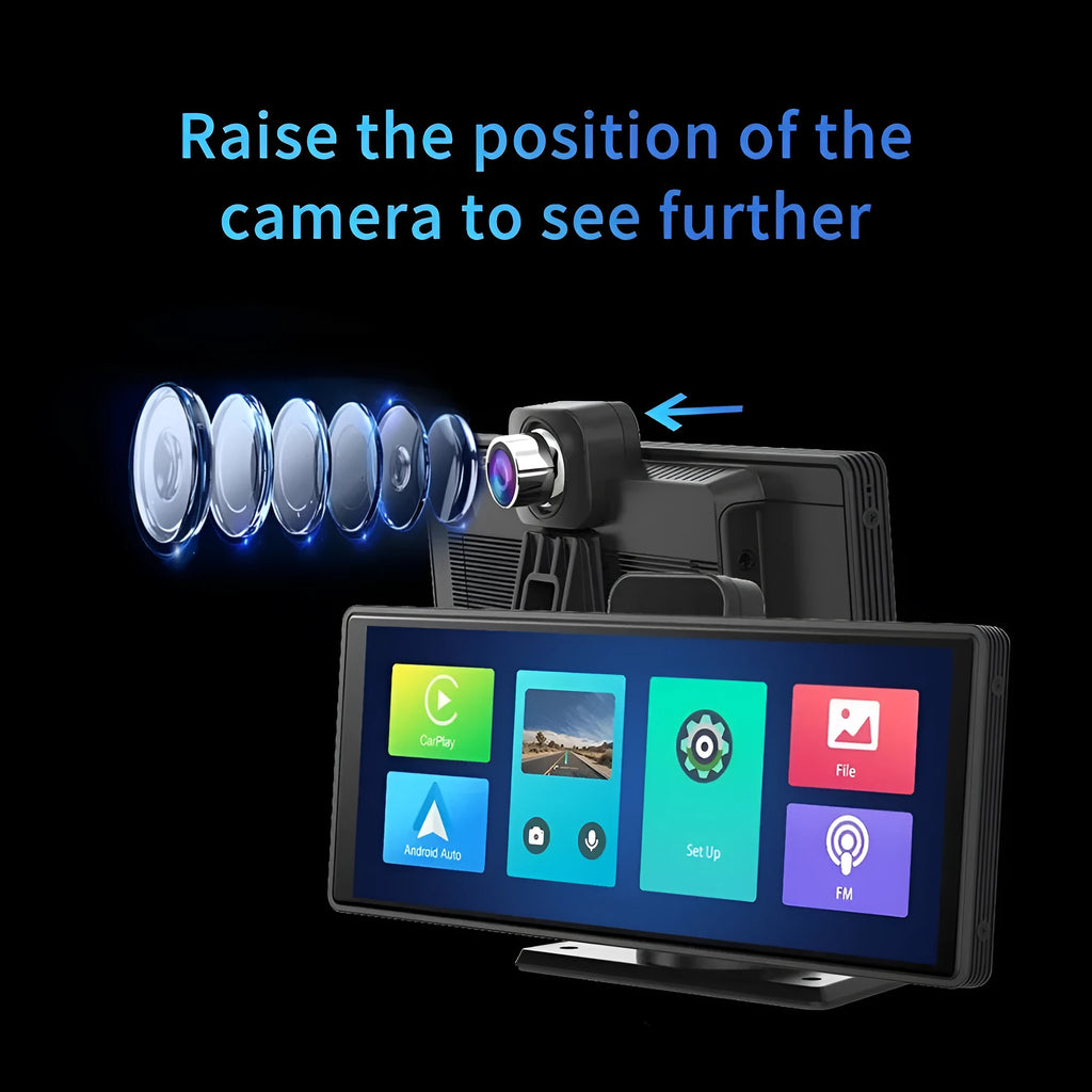 12-inch touch screen car dash cam unit for front and rear recording with wireless CarPlay.