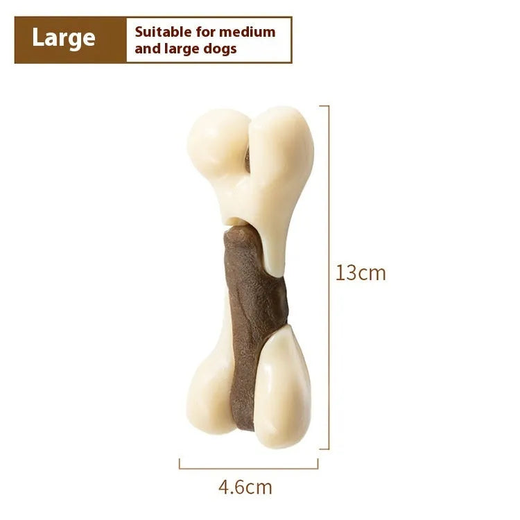 Cowhide and nylon bone grinding rod dog chew toy shown in two colour-coded sizes.