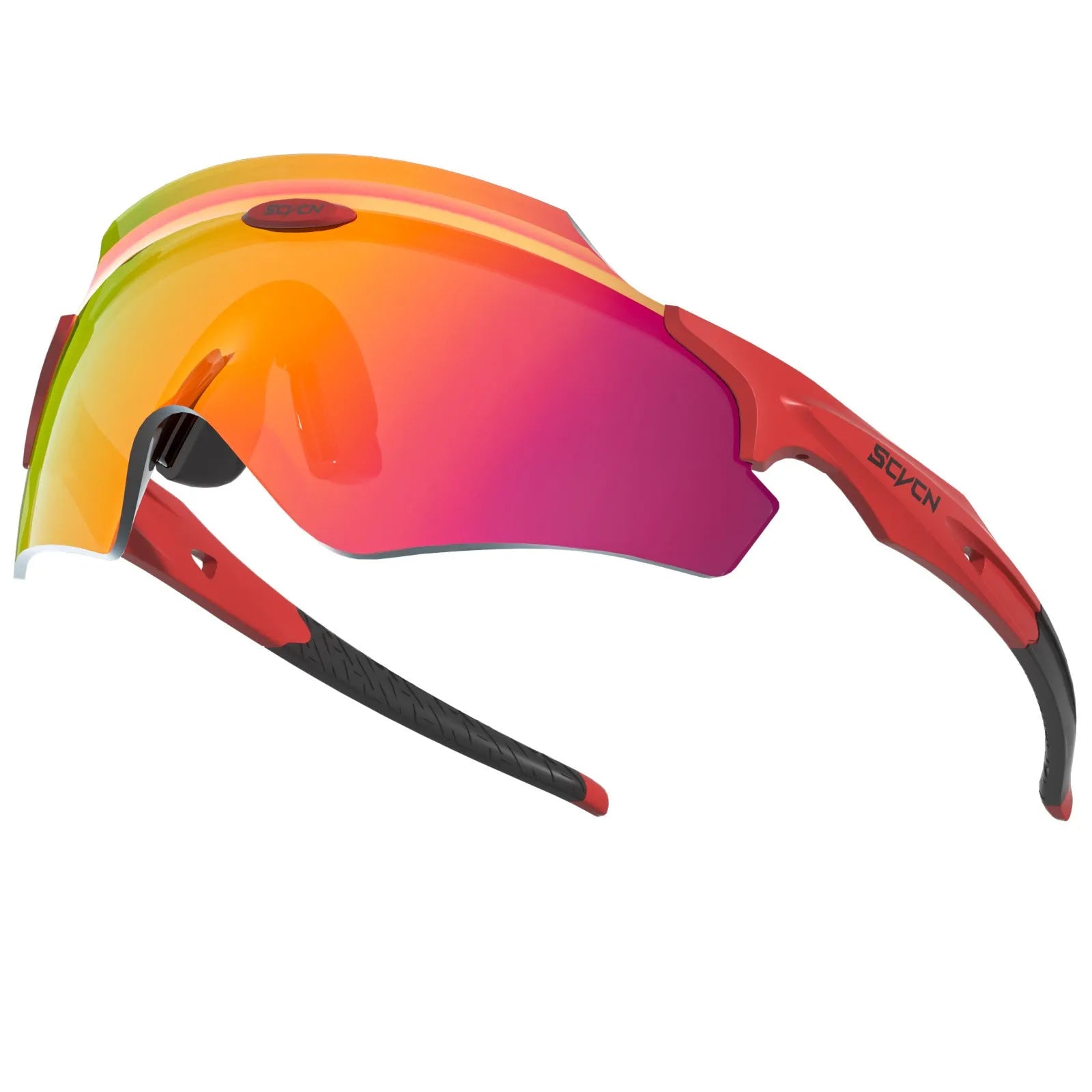 Frameless windproof sports goggles with a colourful integrated lens, shown in multiple style colours.