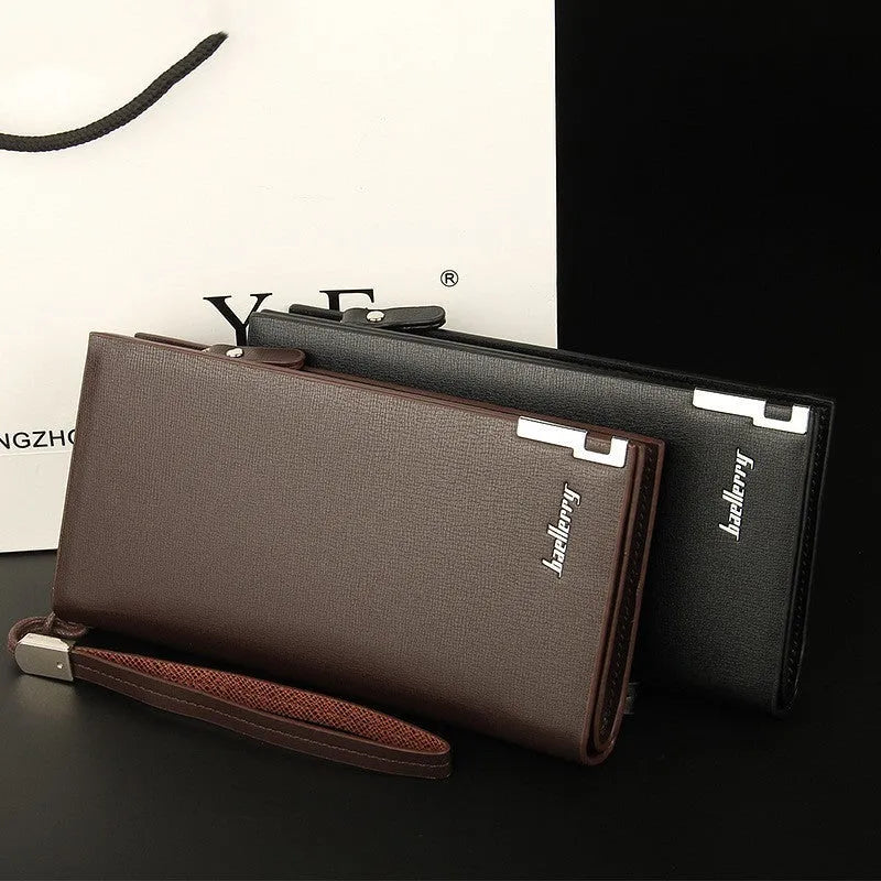 Men's black PU leather wallet with a long silver zipper closure