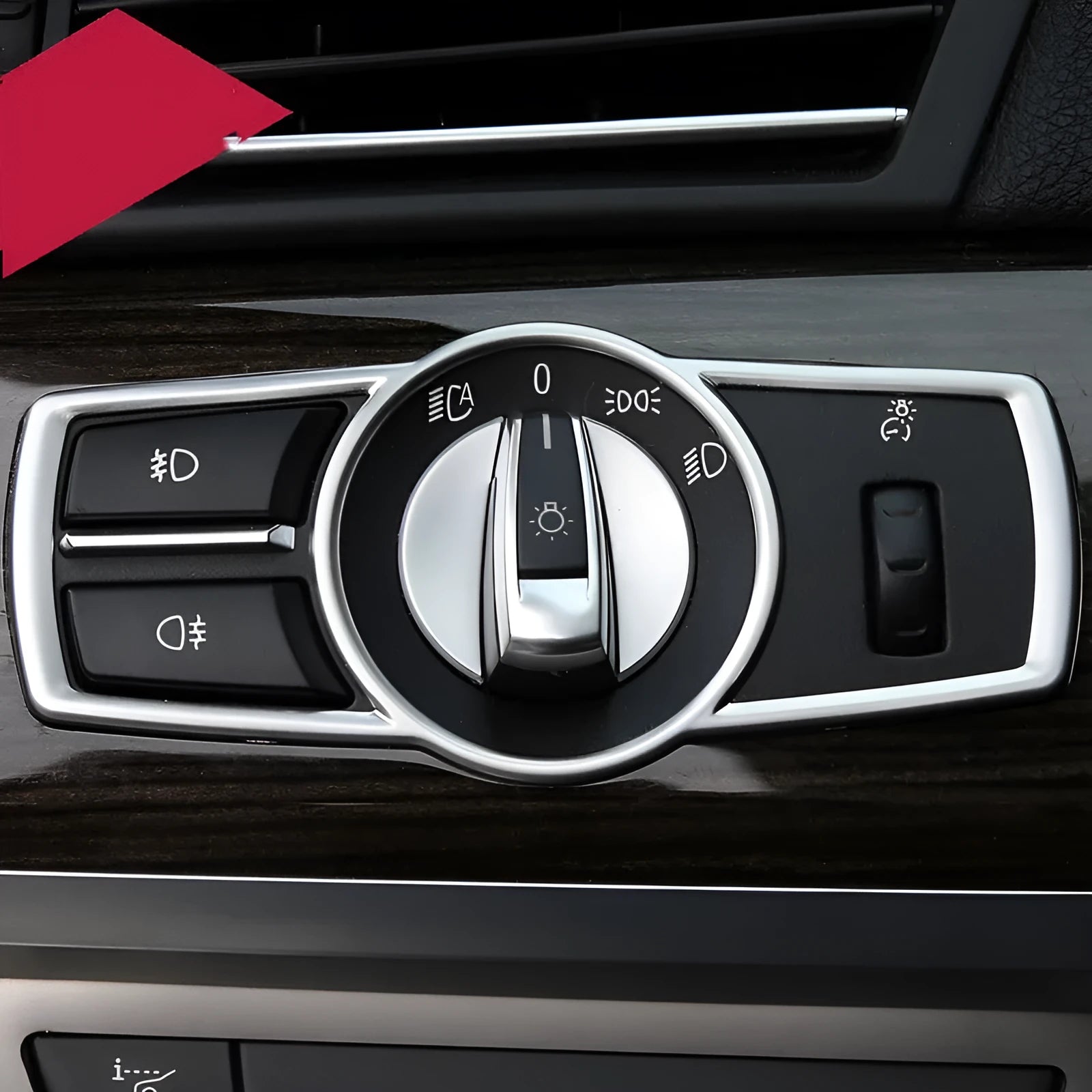 Silver ABS plastic decorative interior sticker for BMW 5 Series headlight switch frame.