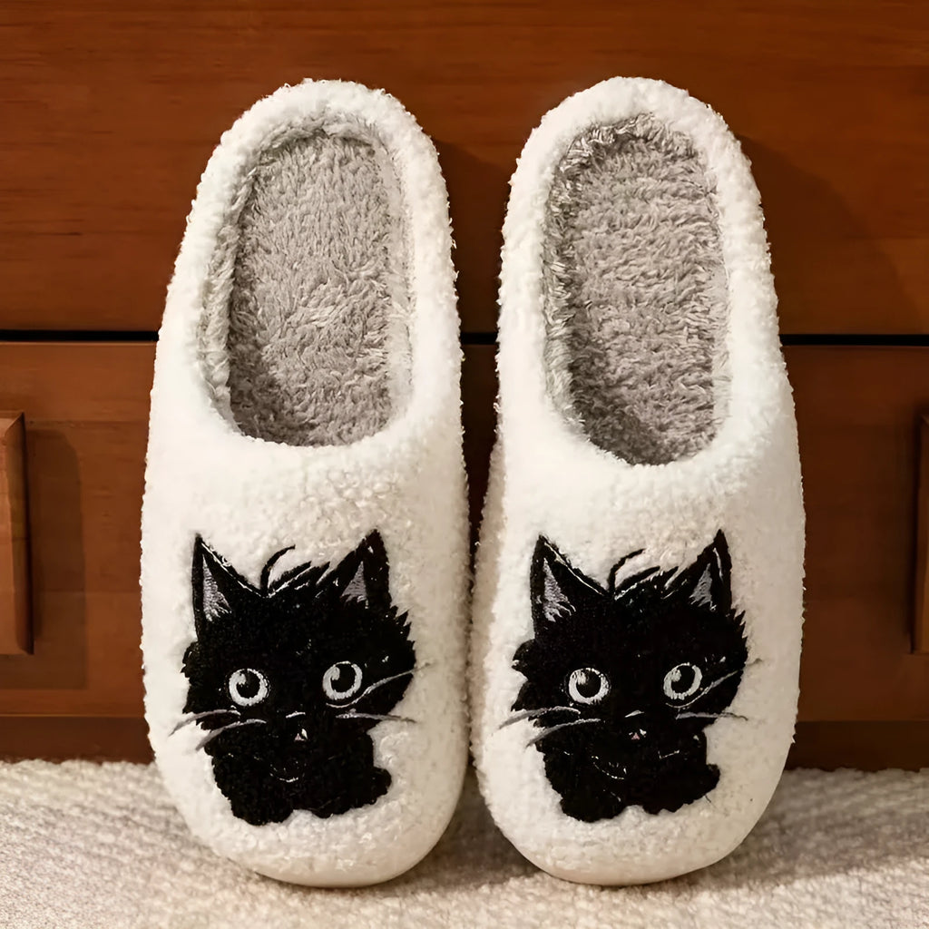 White plush cotton slippers with black beard cartoon cat couple design and non-slip TPR soles