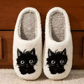 White plush cotton slippers with black beard cartoon cat couple design and non-slip TPR soles