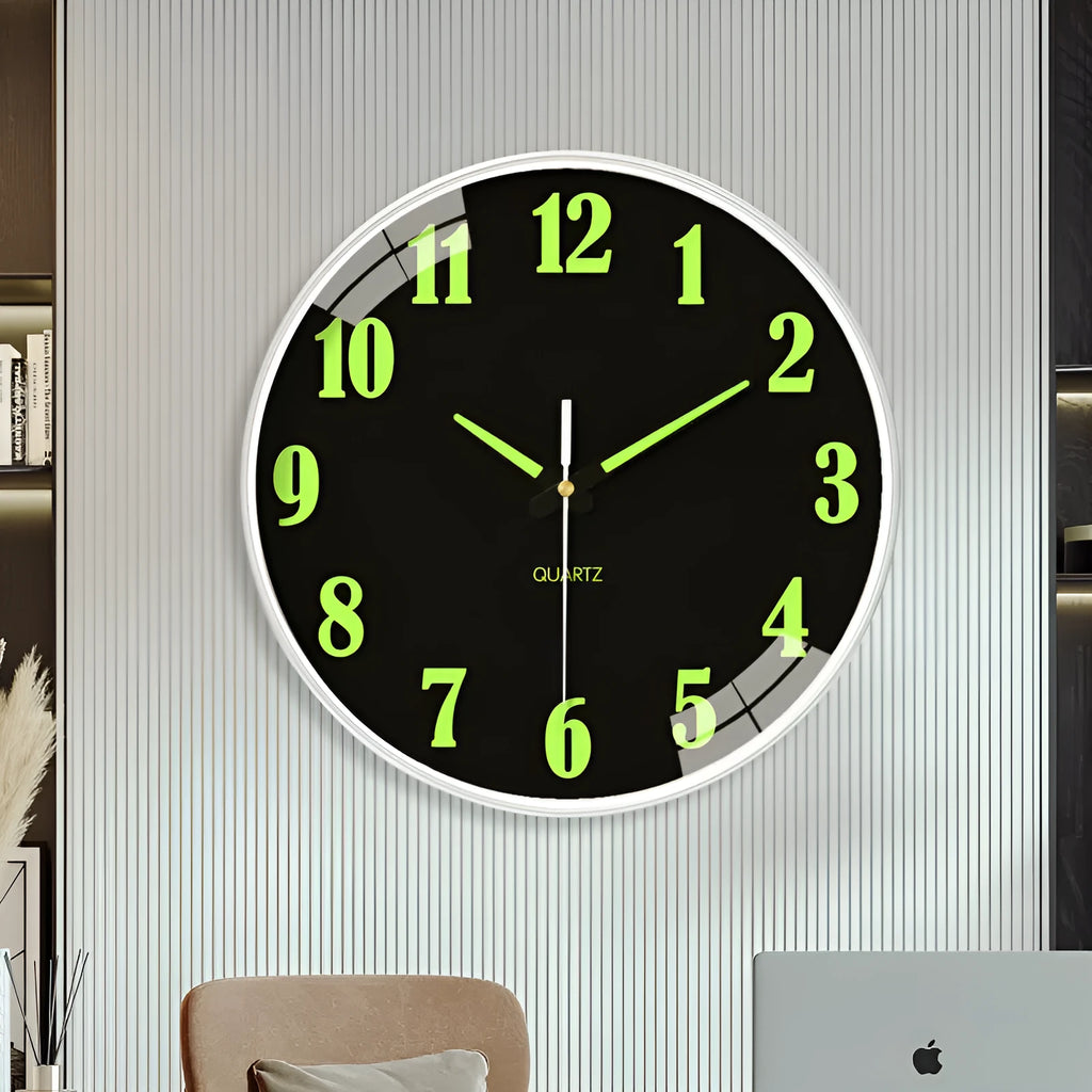 8 inch modern wall clock with luminous numbers on white background