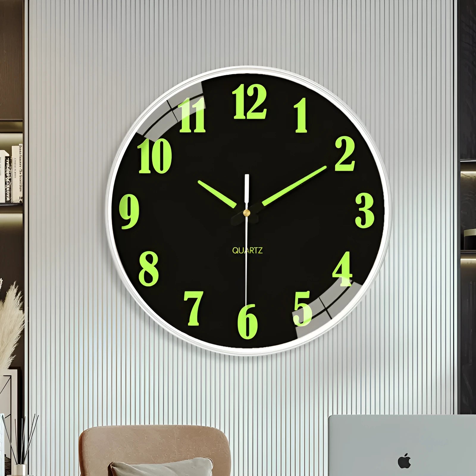8 inch modern wall clock with luminous numbers on white background