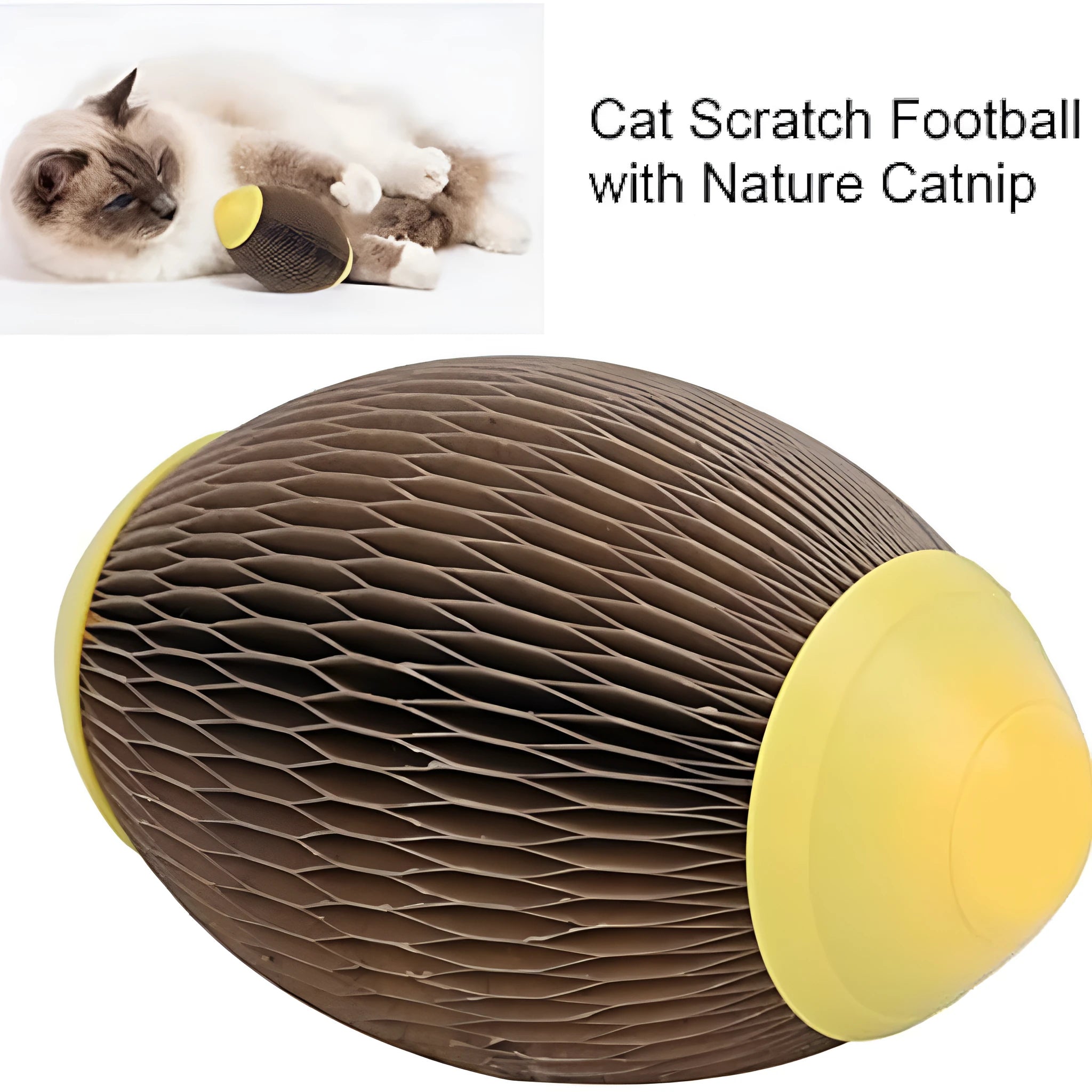 Ellipse-shaped corrugated paper catnip ball scratch toy on a plain background.