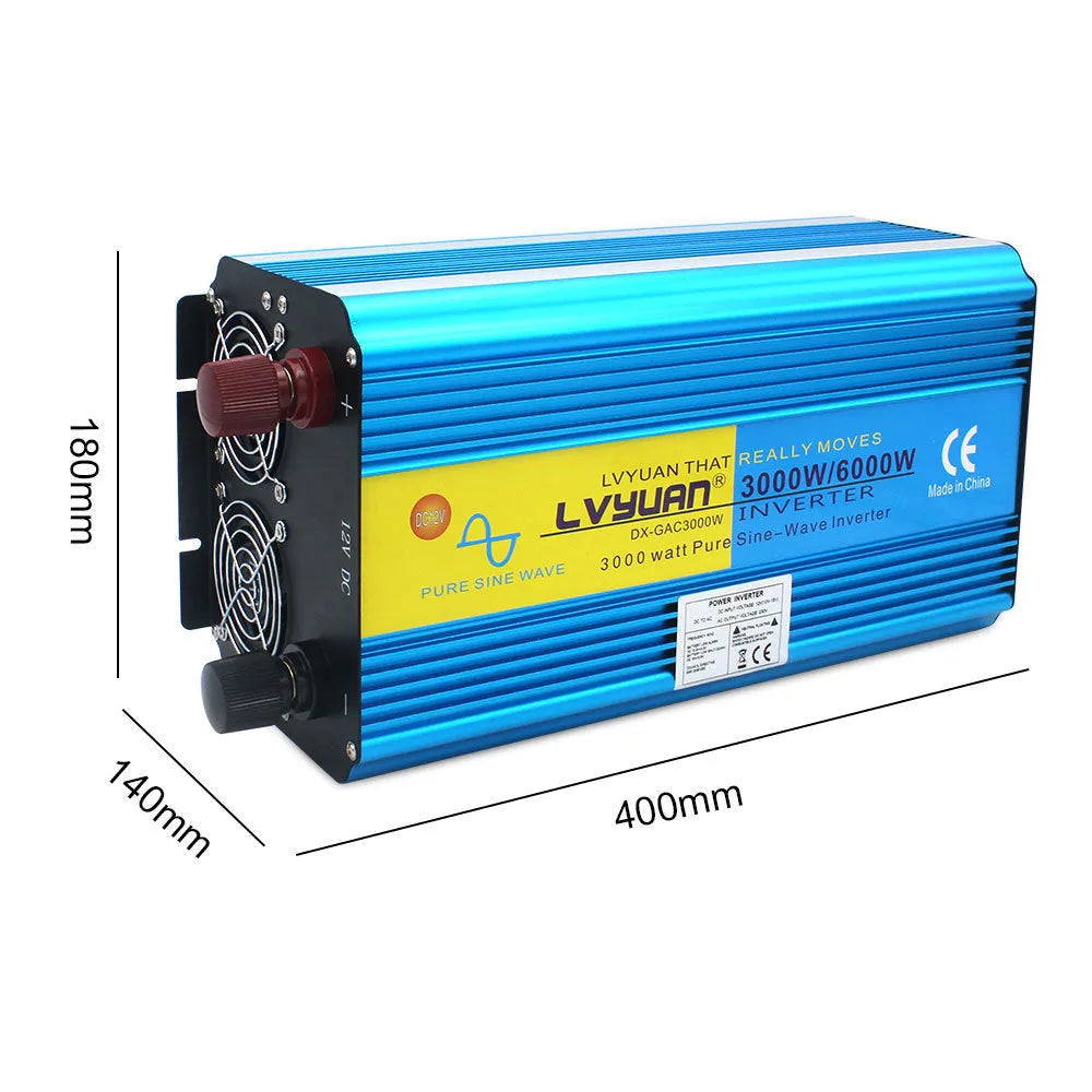 Blue car power inverter with digital display and UK sockets