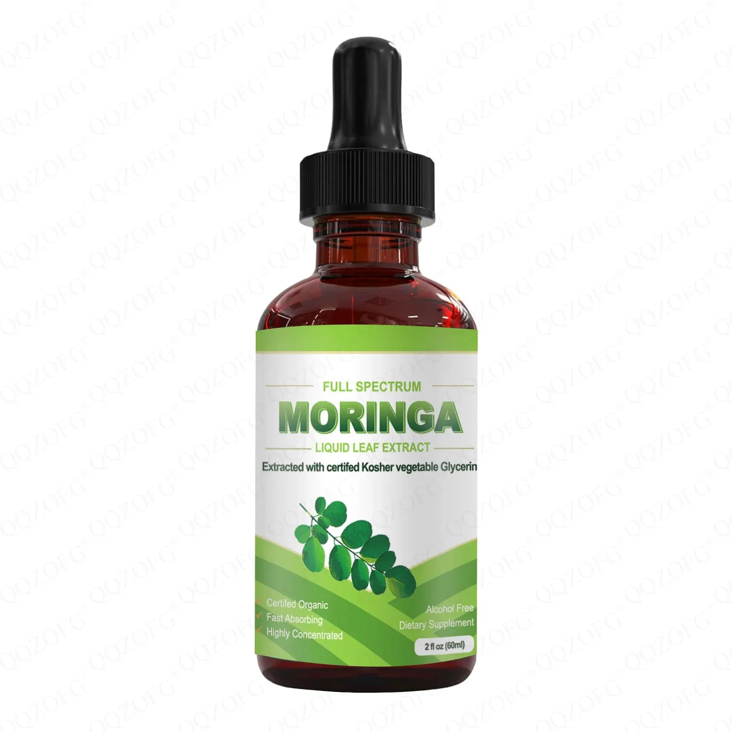 60ml bottle of organic moringa leaf extract liquid supplement with dropper