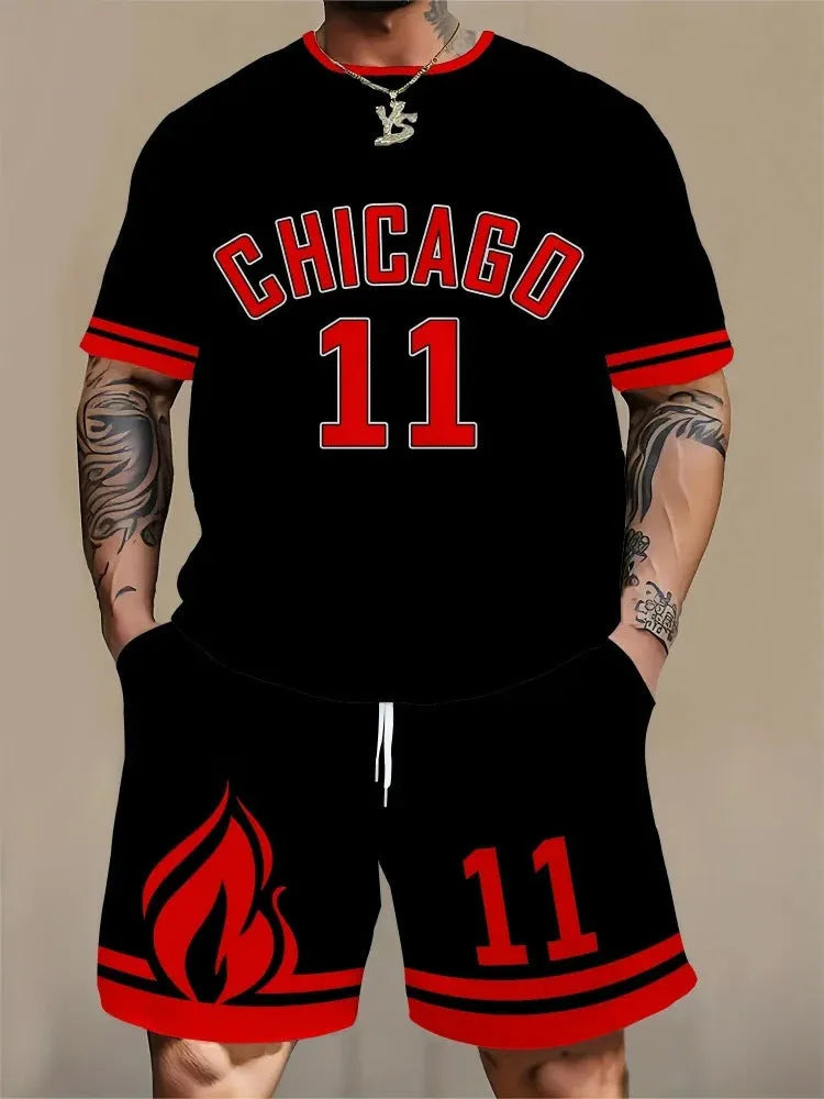Men's personality letter 3D printing sport suit with short sleeves and matching shorts
