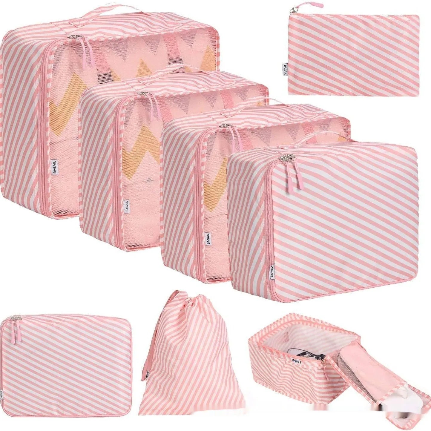Set of eight PP packing cubes in various colours including beige, black, pink, and leopard print for travel organisation.