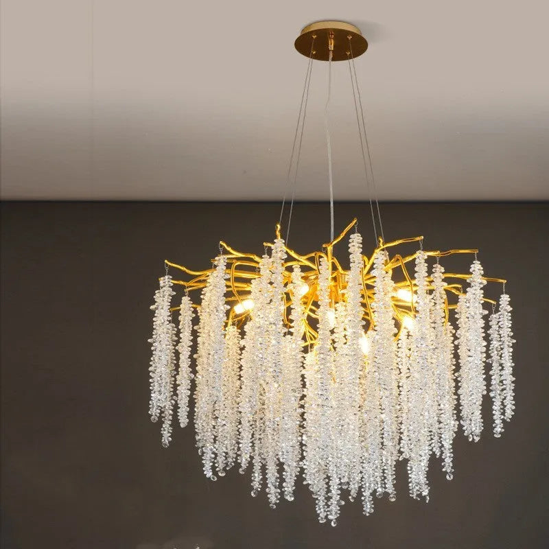 Adjustable height crystal LED chandelier in a choice of round or long styles for villa living room