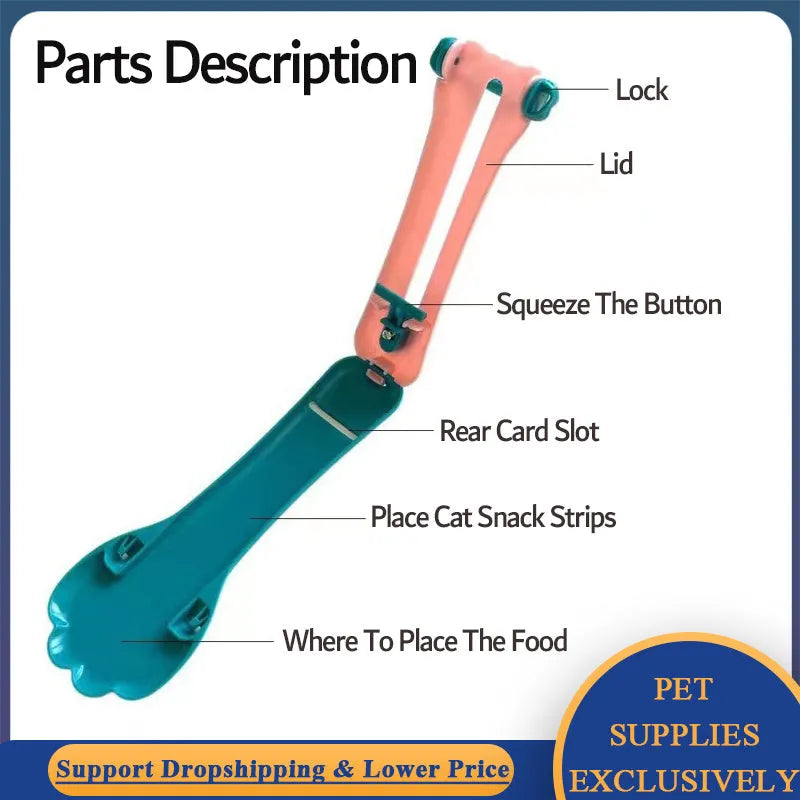 Green and pink plastic pet food scoop with squeeze mechanism for dispensing treats and liquid food
