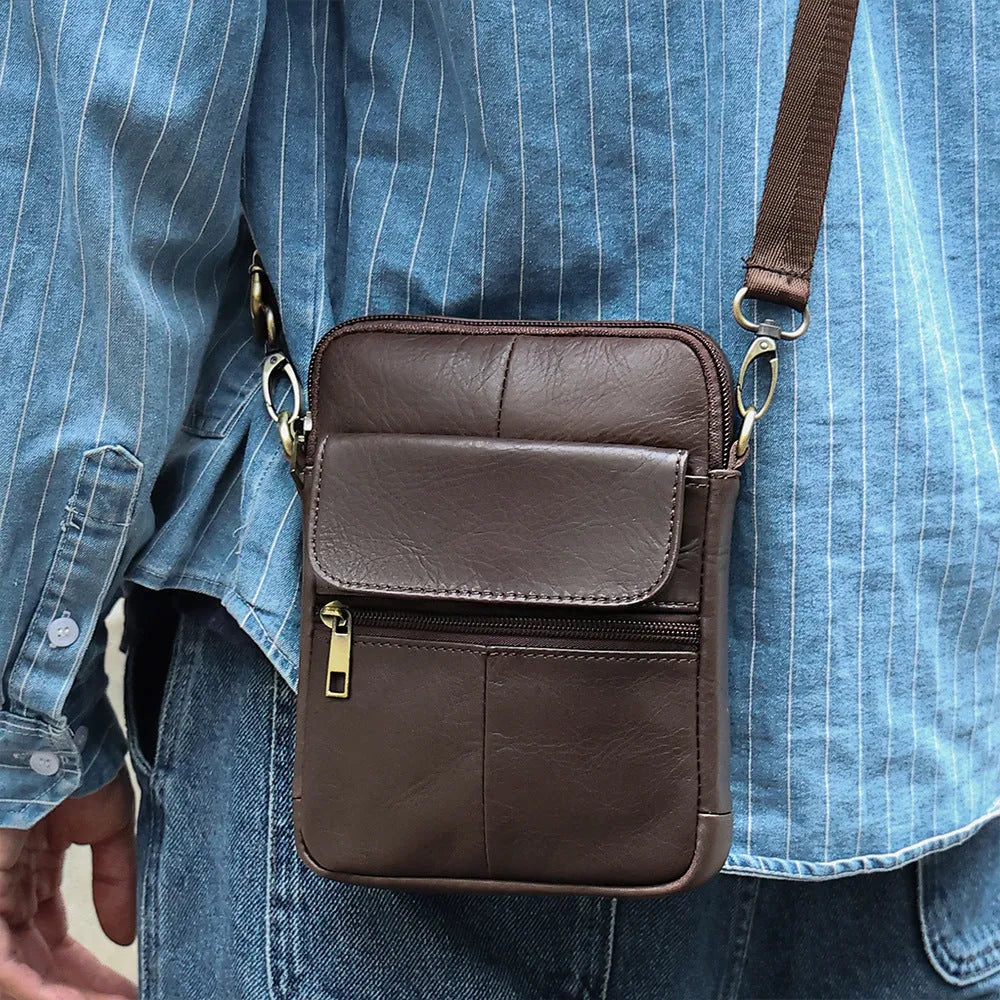 Men's brown genuine leather crossbody shoulder bag with sewing-line detailing
