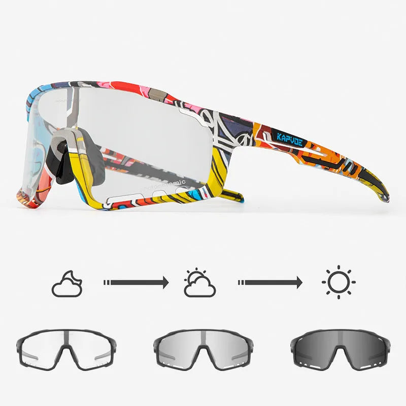 TR90 semi-rimless cycling sunglasses with photochromic lenses, shown in multiple colour options.