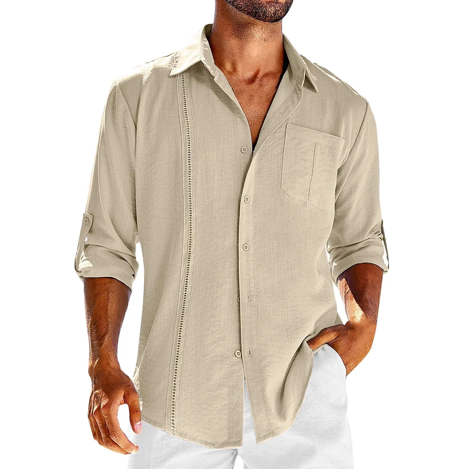 Men's solid colour long-sleeve shirt with a polo collar and a chest pocket on the left side.