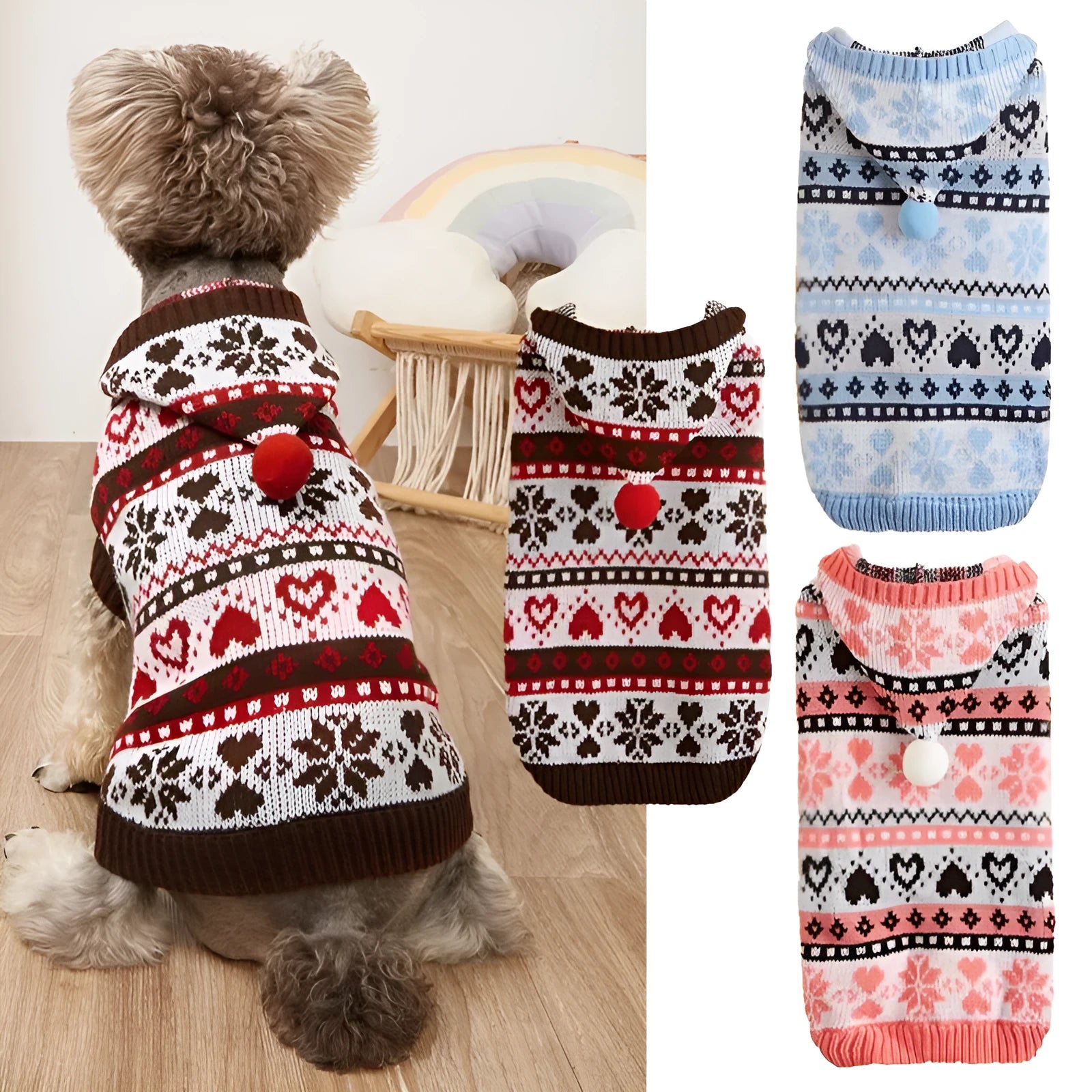 Pink knitted dog sweater with snowflake, love, stripe, and camouflage pattern on a small dog