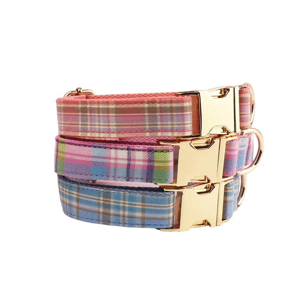 Plaid cloth pet collar traction rope set with dog leash, bow, and dog vest for small dogs