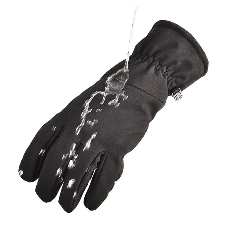 A pair of tactical camouflage ski gloves with touch-screen fingertips on a winter background.