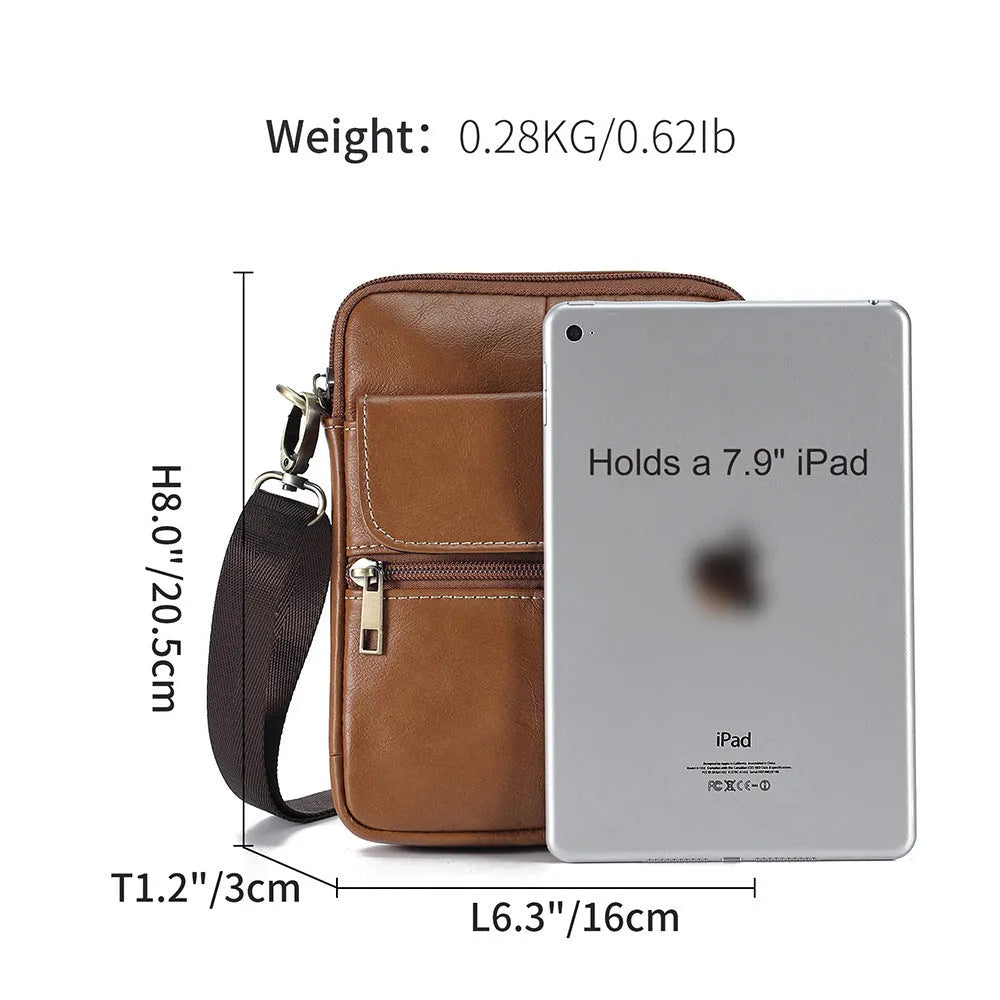 Men's brown genuine leather crossbody shoulder bag with sewing-line detailing