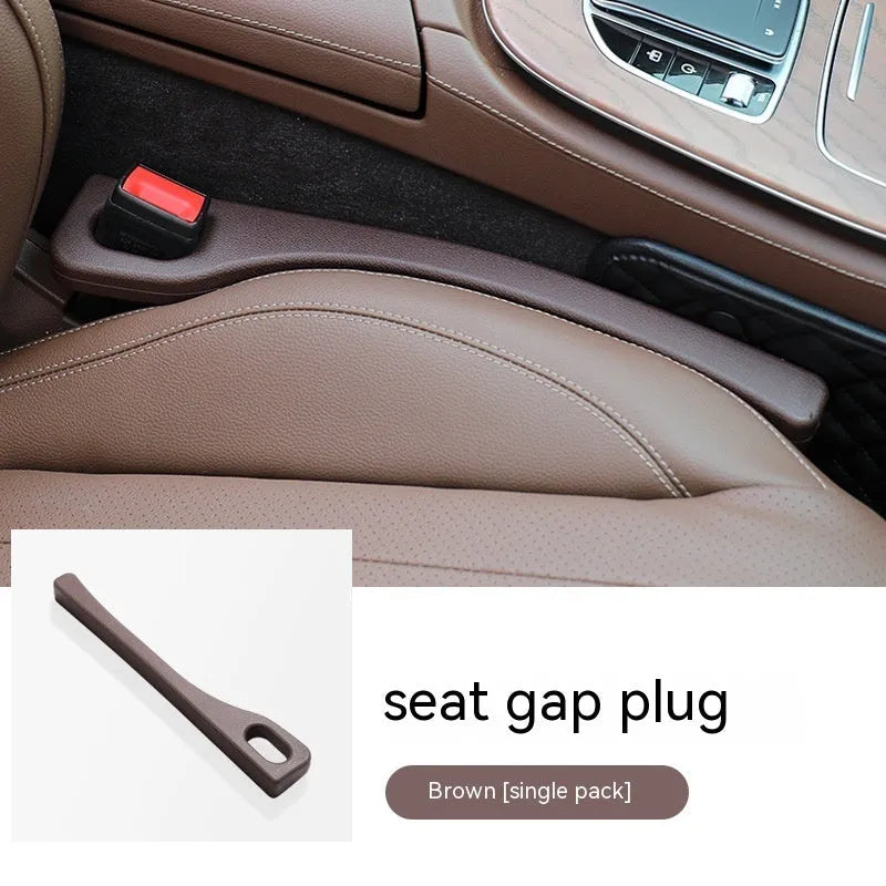A pair of flexible polyurethane car seat gap filler rods shown in available colours: black, brown, red, beige, and green.