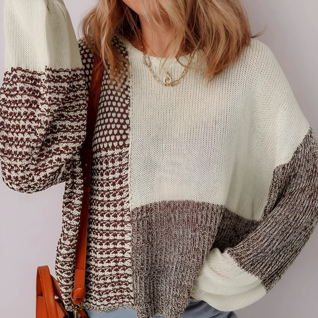 Dark khaki women's sweater with colour block design, back tie detail, and drop shoulder loose fit