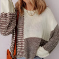 Dark khaki women's sweater with colour block design, back tie detail, and drop shoulder loose fit