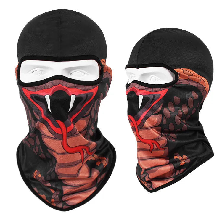 Breathable Bakool silk motorcycle skull mask in a graphic design, laid flat showing its 36cm by 29cm size.
