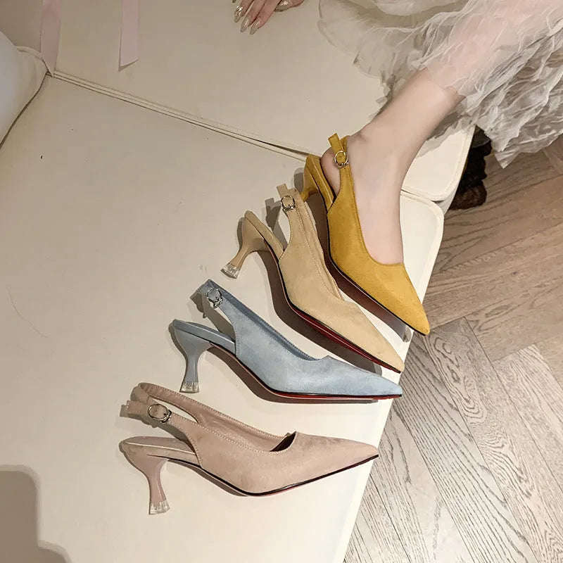 Women's stiletto heels with pointed toe in pink, blue, yellow, and apricot colours