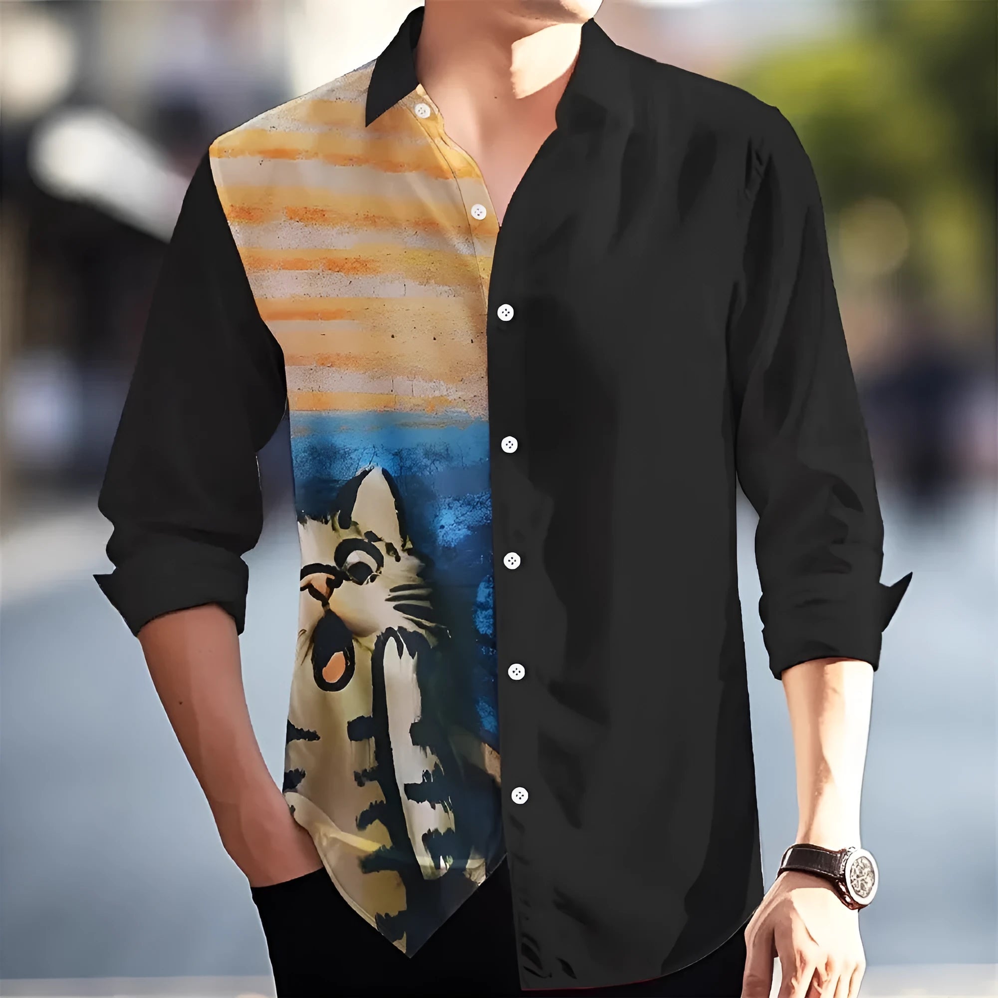 Hawaiian style men's long sleeve shirt with flower pattern and loose cardigan fit in polyester