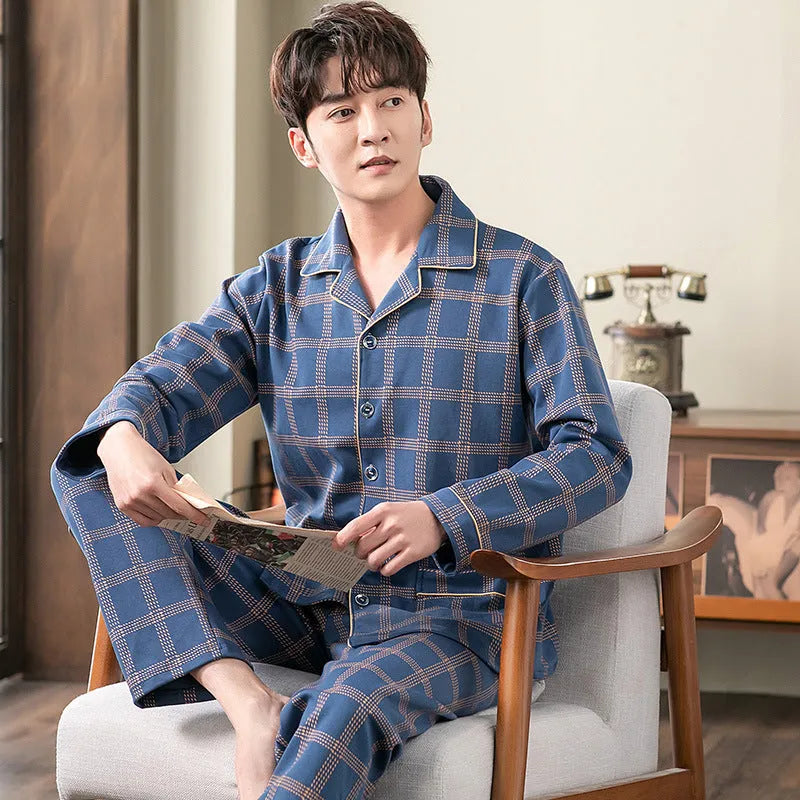 Cotton cardigan sleepwear set for middle-aged men with long sleeves and trousers five colours available