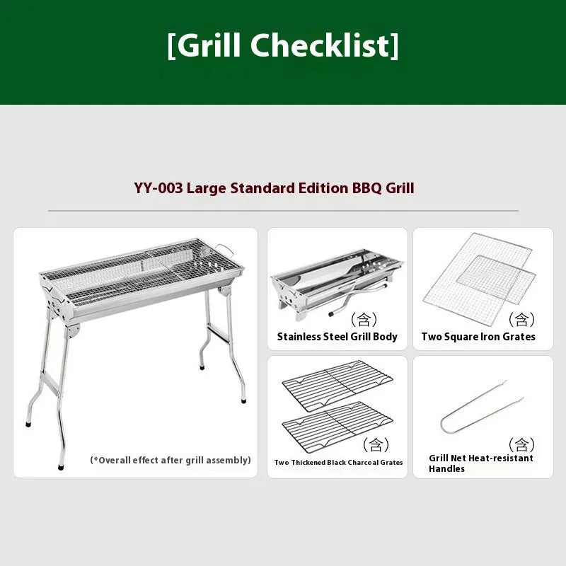 Large stainless steel flip-over barbecue oven with iron grills and charcoal trays for outdoor cooking