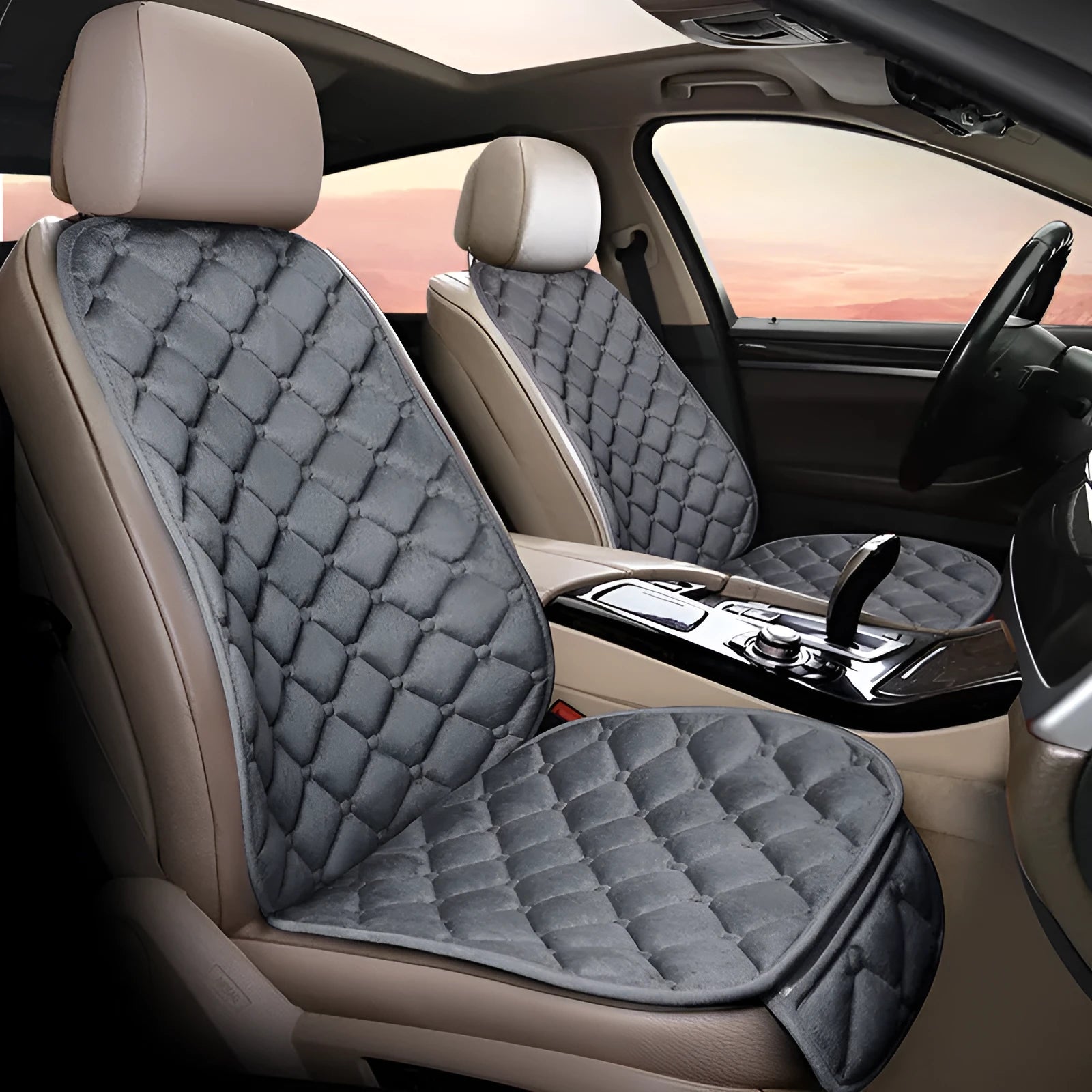 Ringer plush winter car seat cushion in coffee colour with thick cotton texture on a car seat