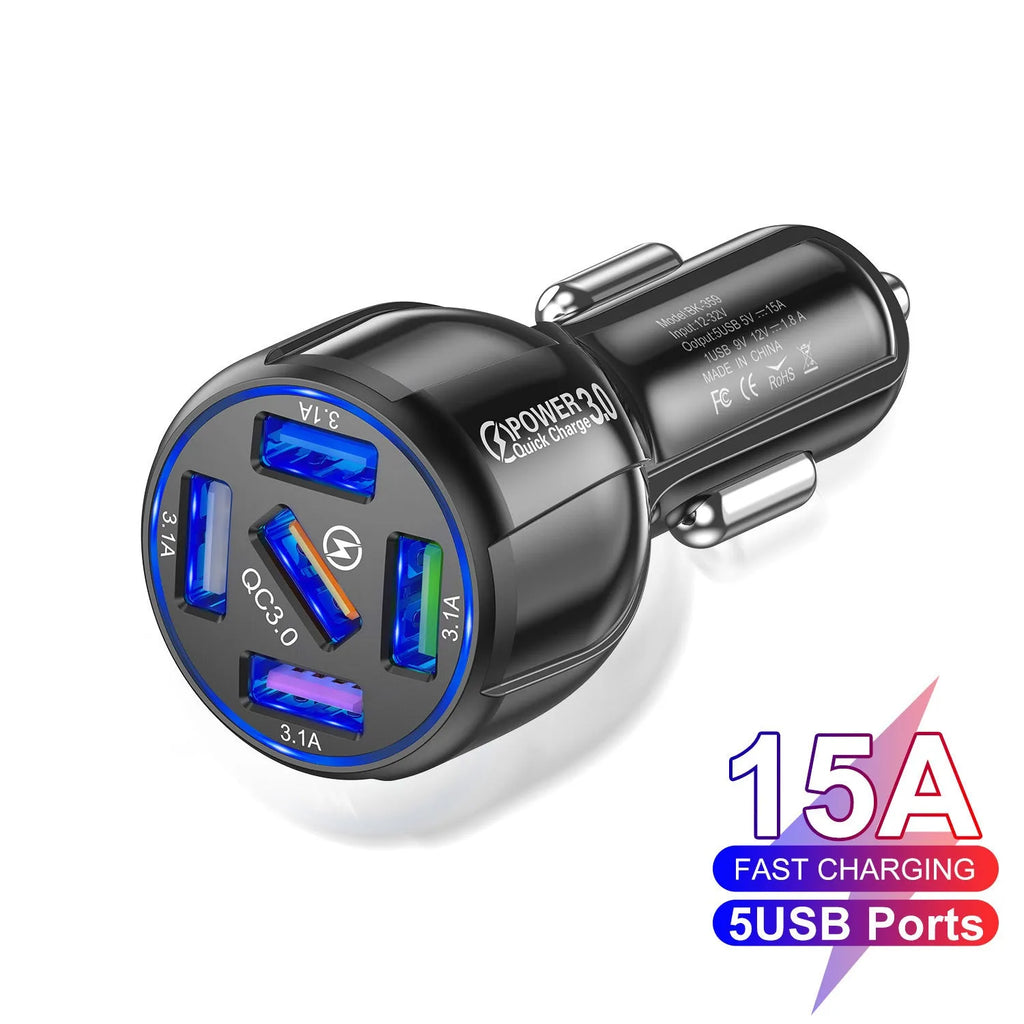 5-port 15A QC3.0 USB car charger for fast multi-device charging in vehicle