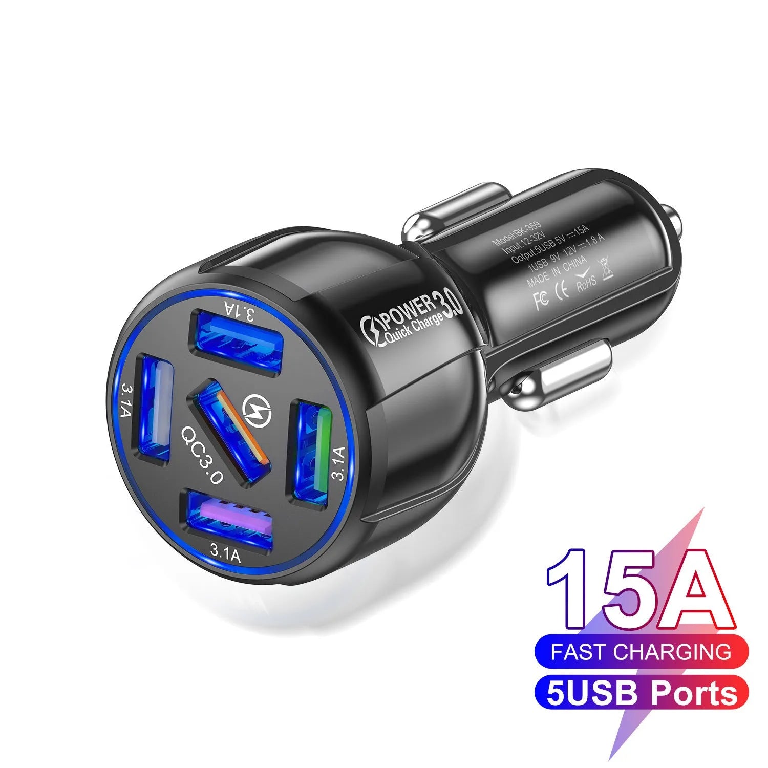 5-port 15A QC3.0 USB car charger for fast multi-device charging in vehicle