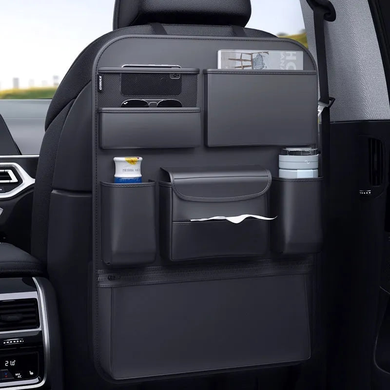 Black leather car seat back hanging storage bag with a handle