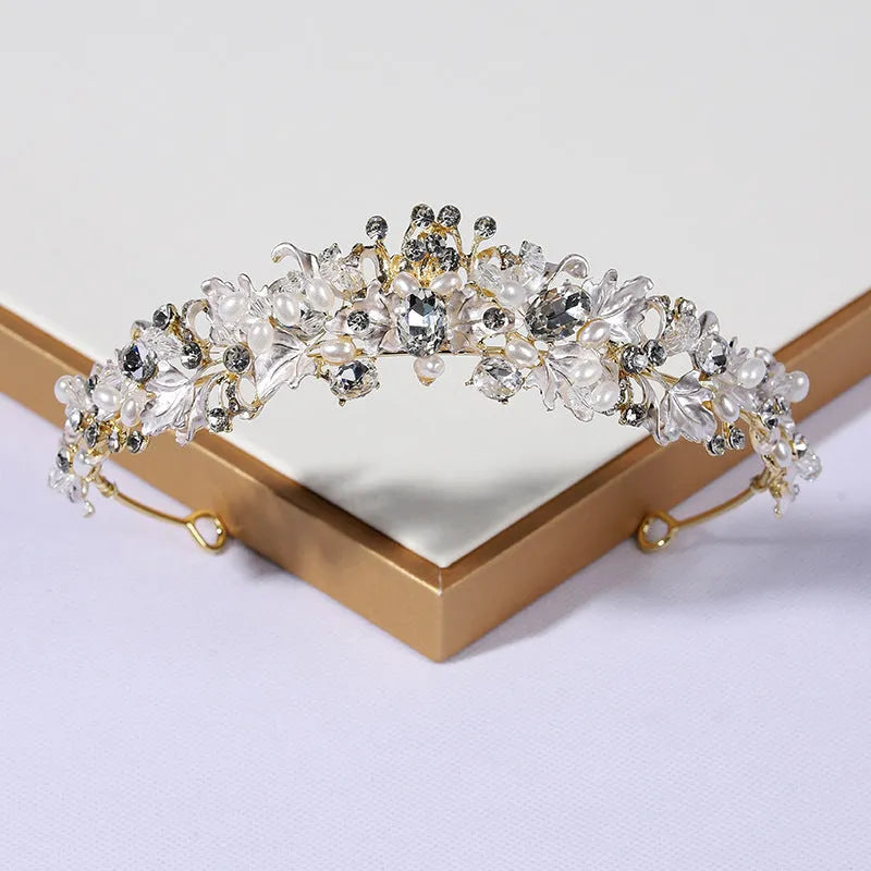 Gold or silver alloy crown headdress with pearl detailing for women's formal hair styling
