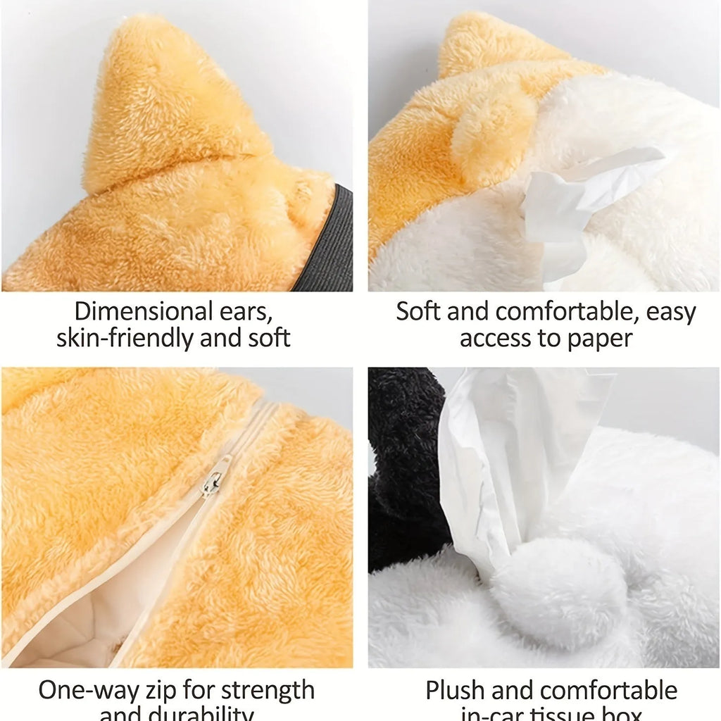 Yellow soft plush corgi butt shaped car tissue holder with elastic hanging straps.