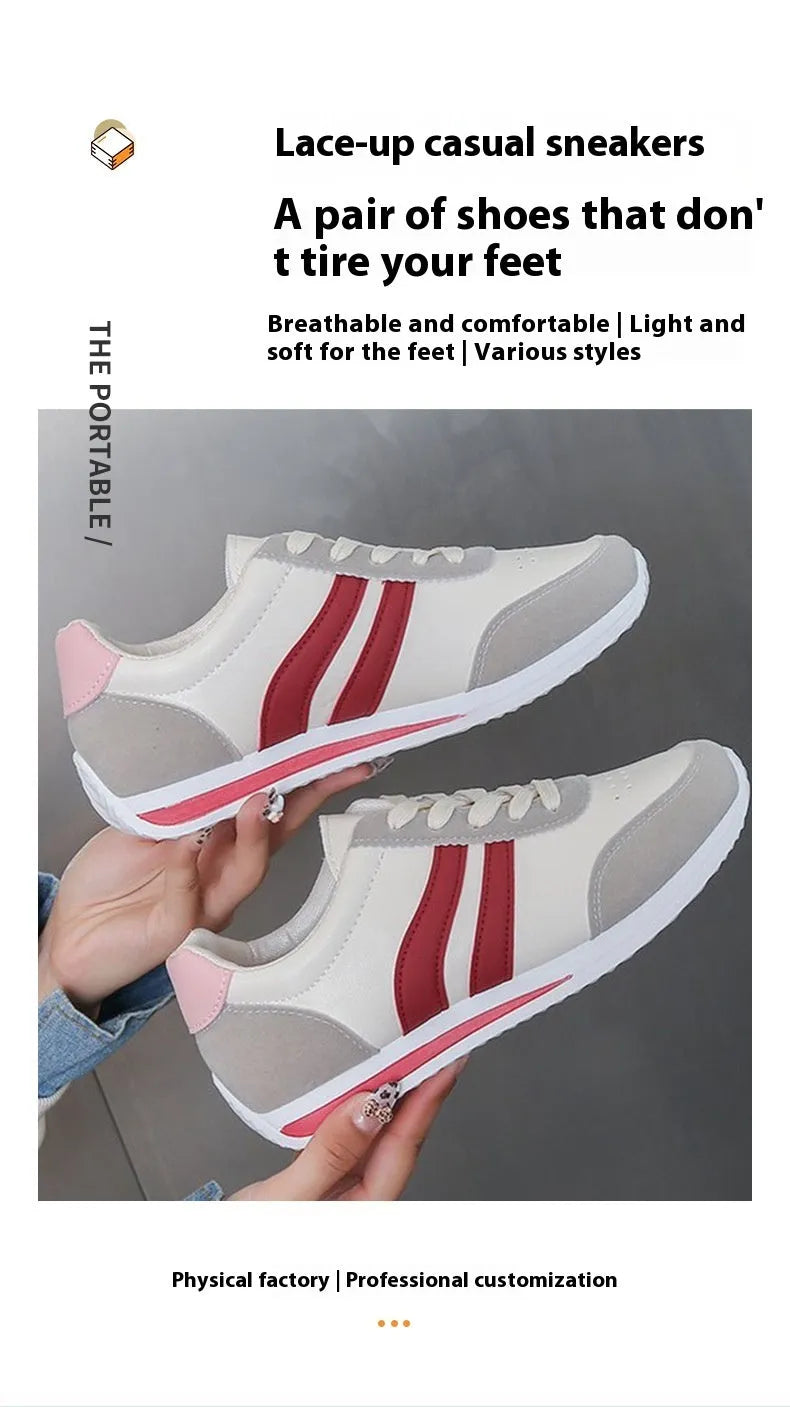 Red and blue lace-up running sneakers with mesh upper and rubber soles