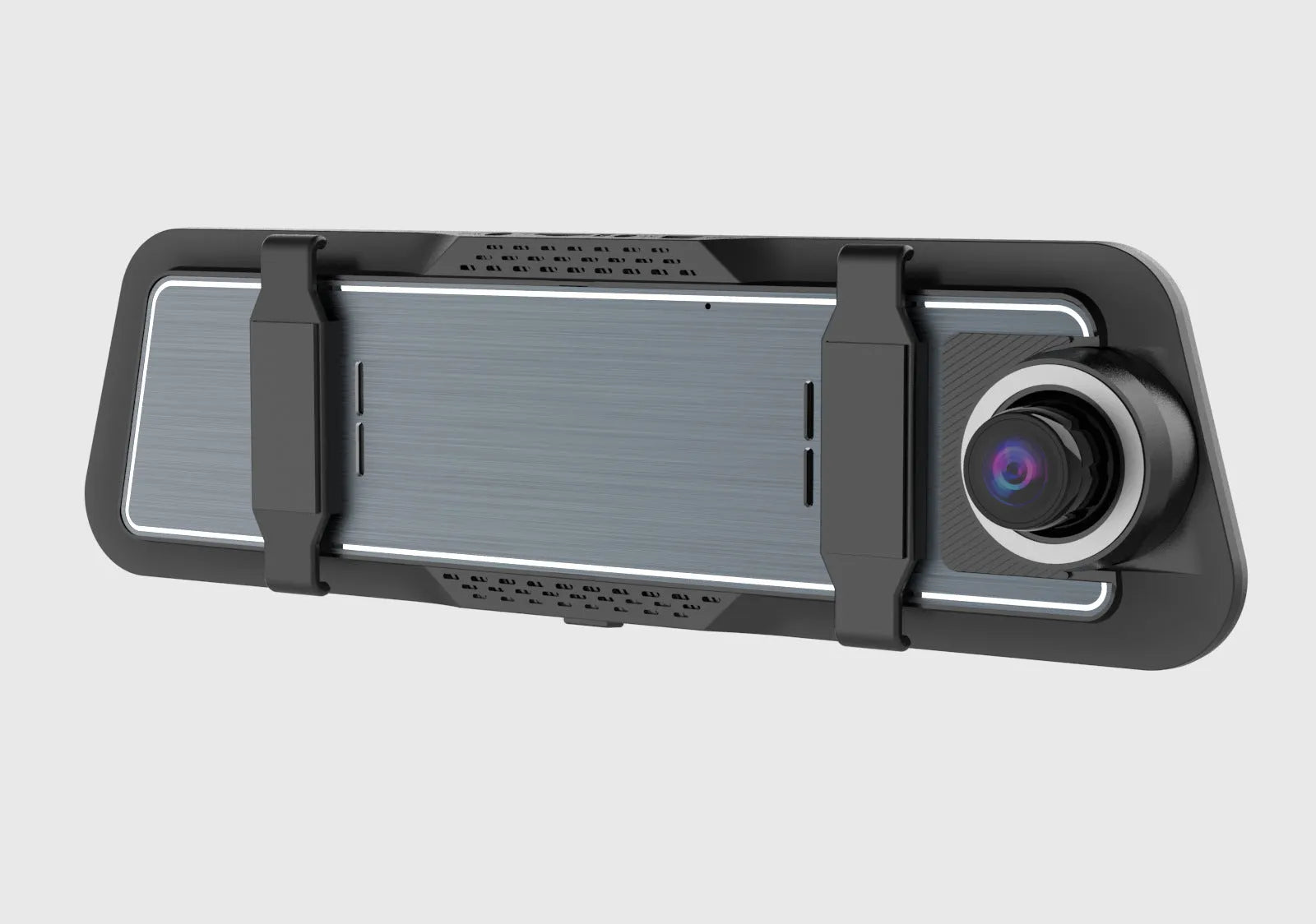 Dual-lens car dash cam with large touch screen mounted on rearview mirror.