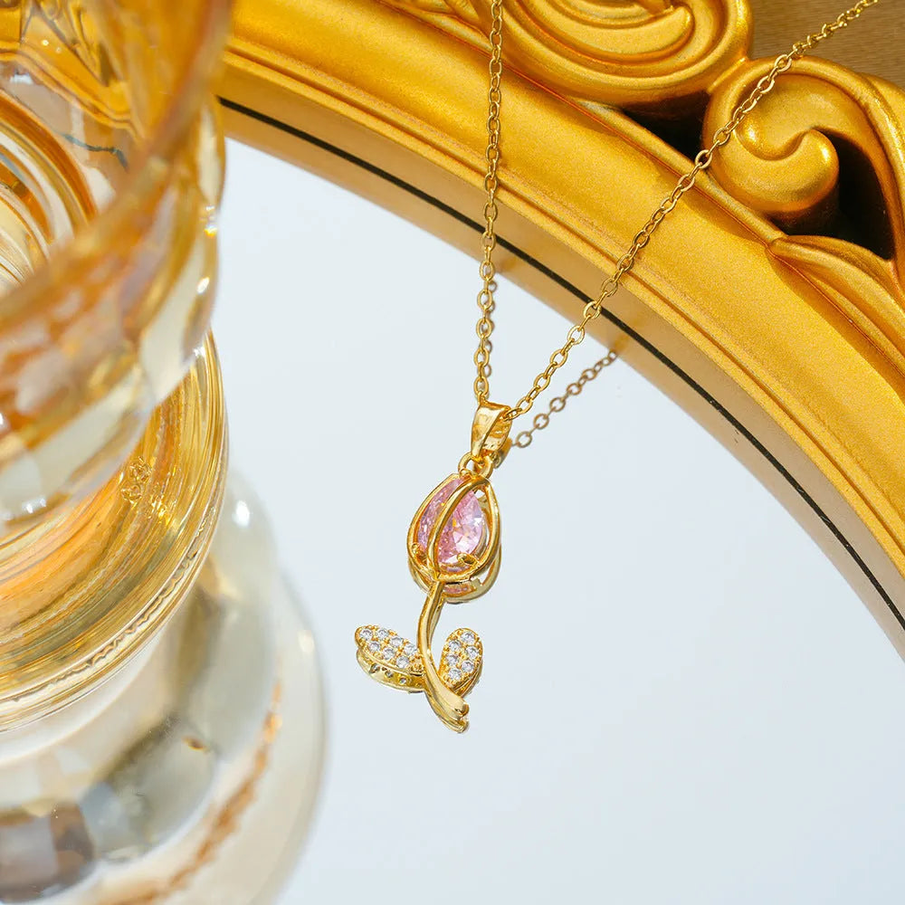 Zircon tulip necklace with adjustable titanium steel chain and copper-plated gold pendant